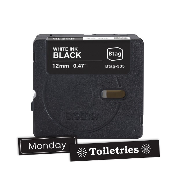 slide 8 of 9, Brother P-touch Btag Label Tape, BTAG335, 0.47 in by 13.1 ft, White on Black, 1 ct