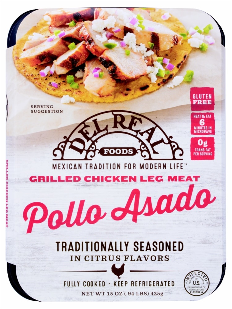 slide 1 of 1, Del Real Foods Grilled Chicken Leg Meat Pollo Asado, 15 oz