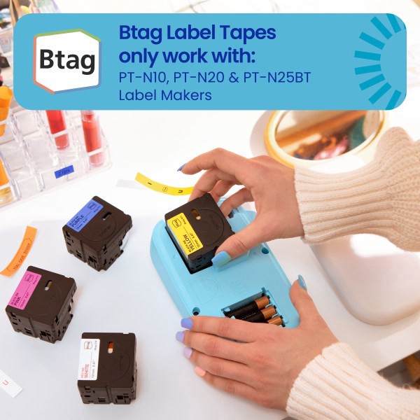 slide 5 of 9, Brother P-touch Btag Label Tape, BTAG631, 0.47 in by 13.1 ft, Black on Yellow, 1 ct