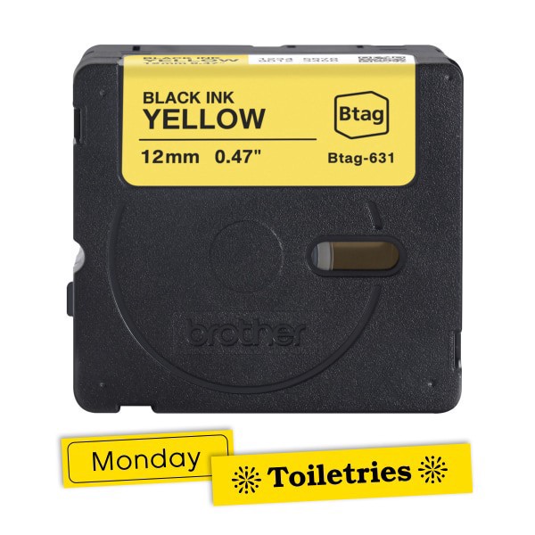 slide 8 of 9, Brother P-touch Btag Label Tape, BTAG631, 0.47 in by 13.1 ft, Black on Yellow, 1 ct