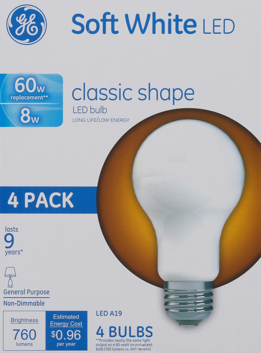 slide 10 of 11, GE 8-Watt Soft White Classic Shape General Purpose LED Light Bulb, 4 ct