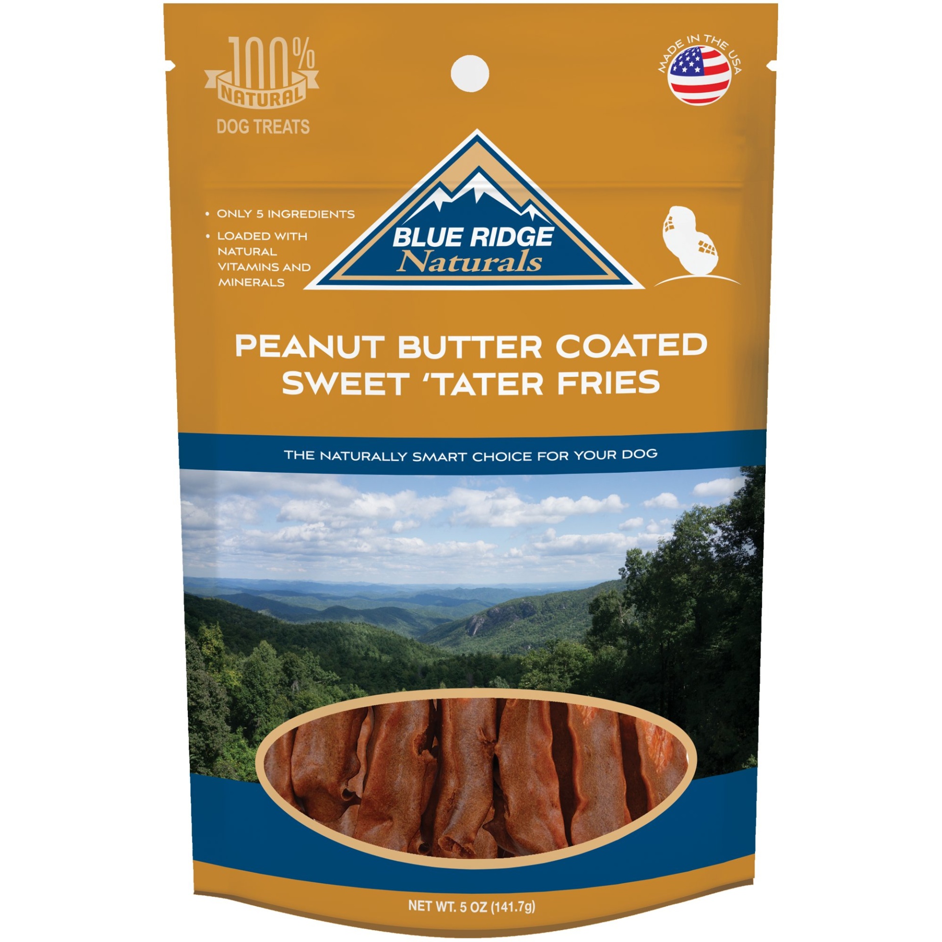 slide 1 of 1, Blue Ridge Naturals Peanut Butter Coated Sweet Tater Fries Dog Treats, 5 oz