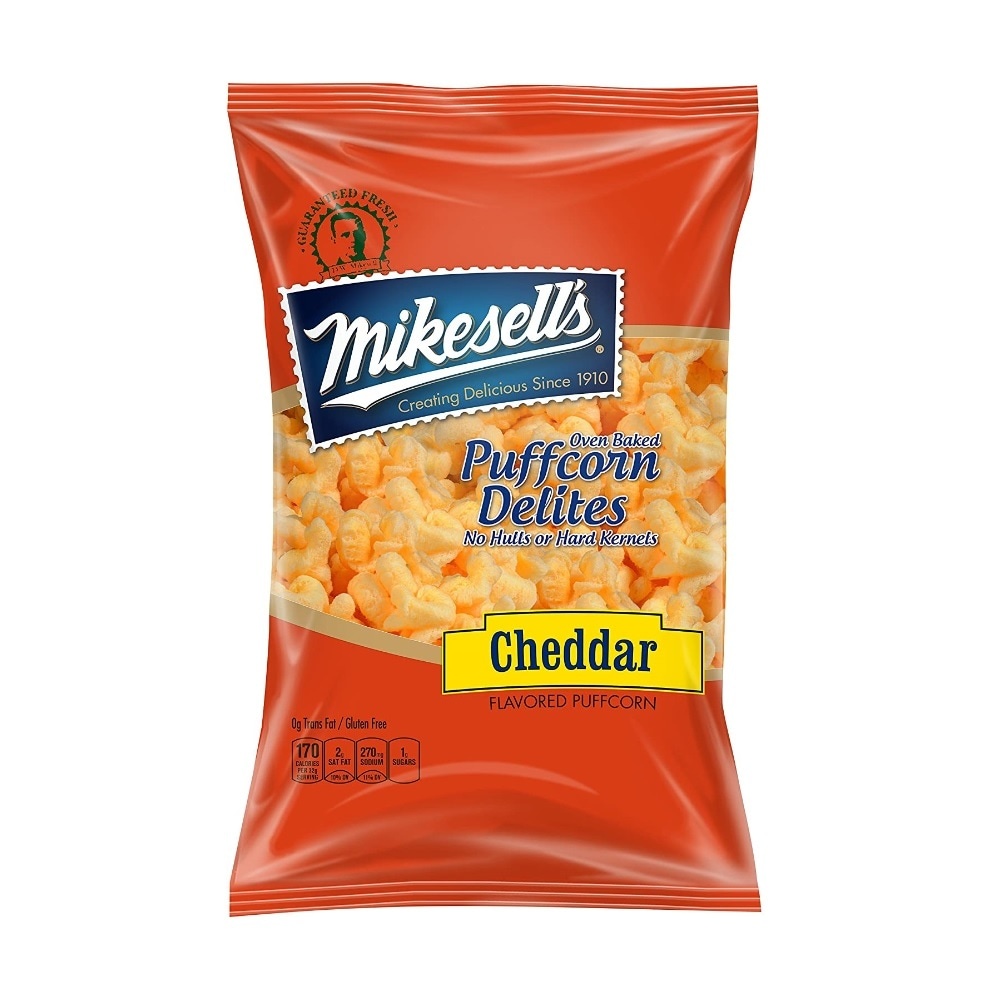 slide 1 of 1, Mikesell's Oven Baked Puffcorn Delites Cheddar Popcorn, 11 oz