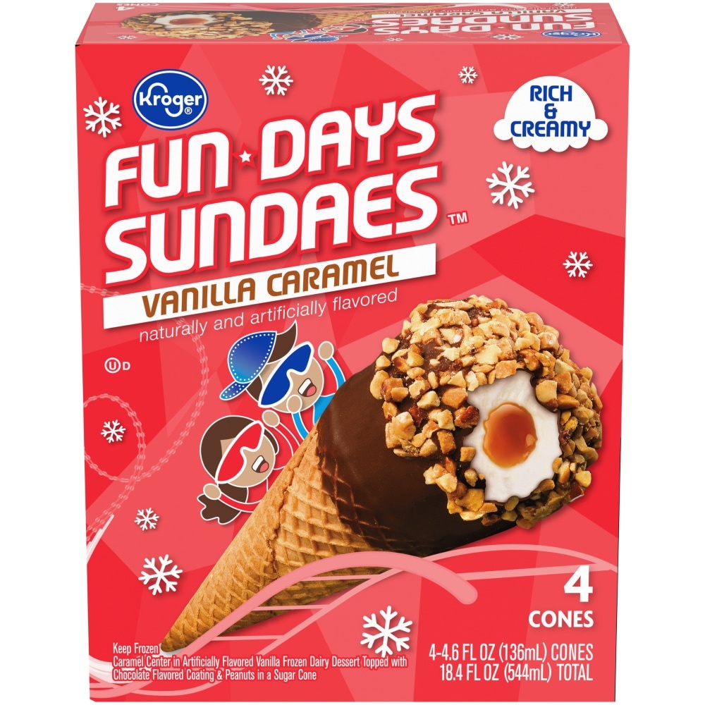 slide 1 of 1, Kroger Fun Days Sundaes Vanilla Caramel Cones, 4 ct; 4.6 fl oz