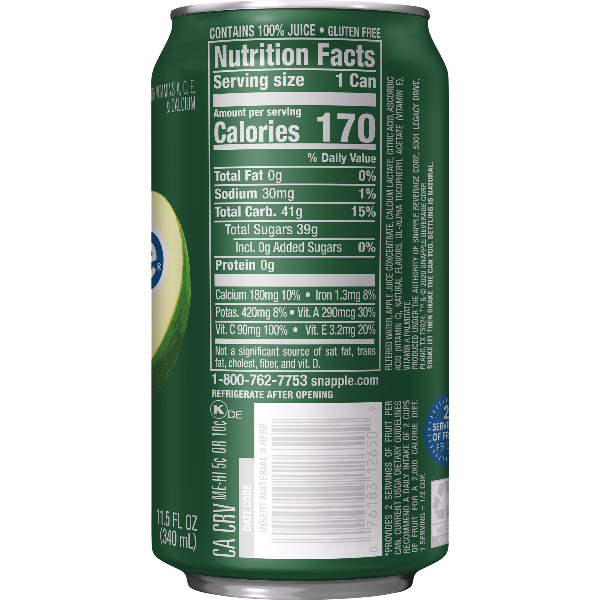 slide 3 of 3, Snapple 100% Juiced Green Apple, 11.5 fl oz can, 11.50 fl oz