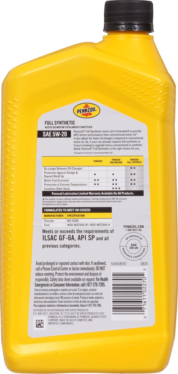slide 9 of 9, Pennzoil Full Synthetic SAE 5W-20 Motor Oil 1 qt, 1 qt