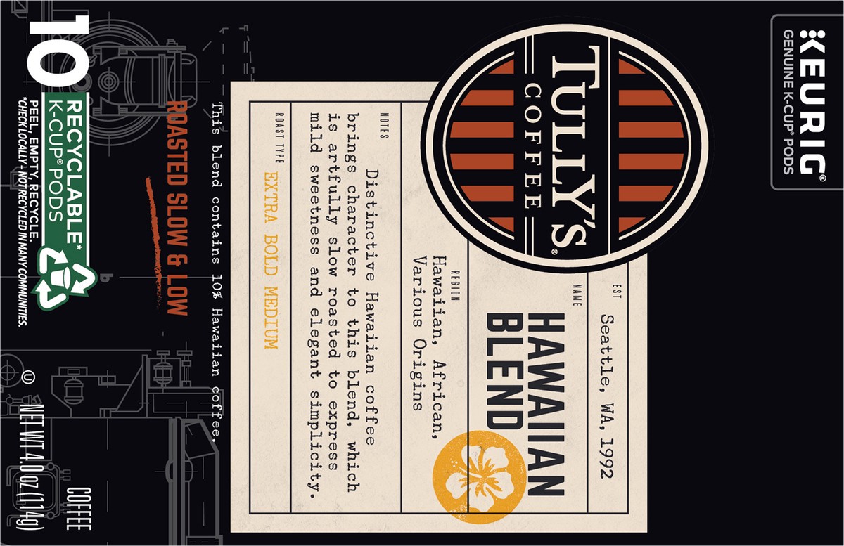 slide 9 of 10, Tully's Coffee Hawaiian Blend Keurig Single-Serve K-Cup Pods, Medium Roast- 10 ct, 10 ct