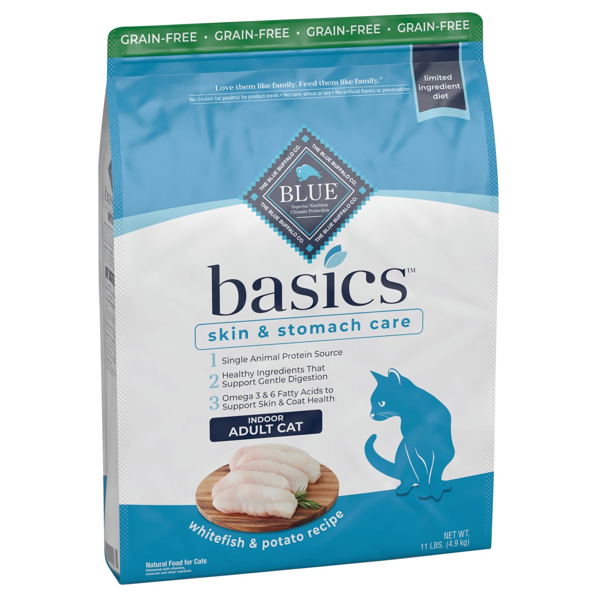 slide 7 of 8, Blue Buffalo Blue Basics Adult Grain-Free Fish and Potato Recipe Dry Cat Food, 11 lb