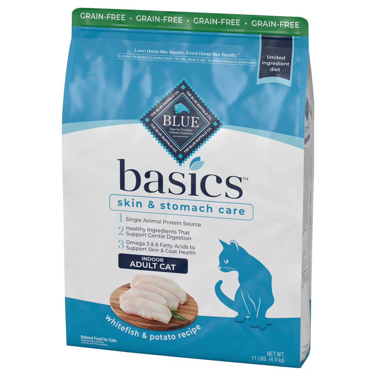 slide 3 of 8, Blue Buffalo Blue Basics Adult Grain-Free Fish and Potato Recipe Dry Cat Food, 11 lb