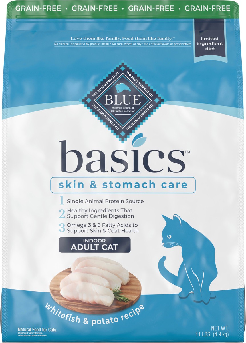 slide 1 of 8, Blue Buffalo Blue Basics Adult Grain-Free Fish and Potato Recipe Dry Cat Food, 11 lb