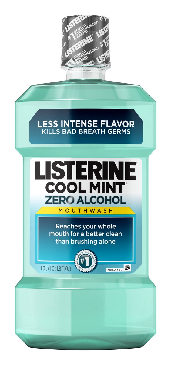 slide 1 of 6, Listerine Mouthwash, Zero Alcohol, Germ Killing, Less Intense Formula, Bad Breath Treatment, Alcohol Free Mouth Wash for Adults; Cool Mint Flavor, 1 L (Pack of 1), 33.8 oz
