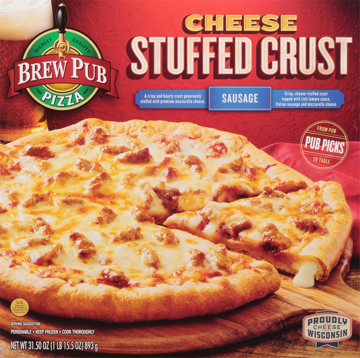 slide 12 of 13, Brew Pub Pizza Stuffed Crust Cheese Sausage Pizza 31.50 oz, 