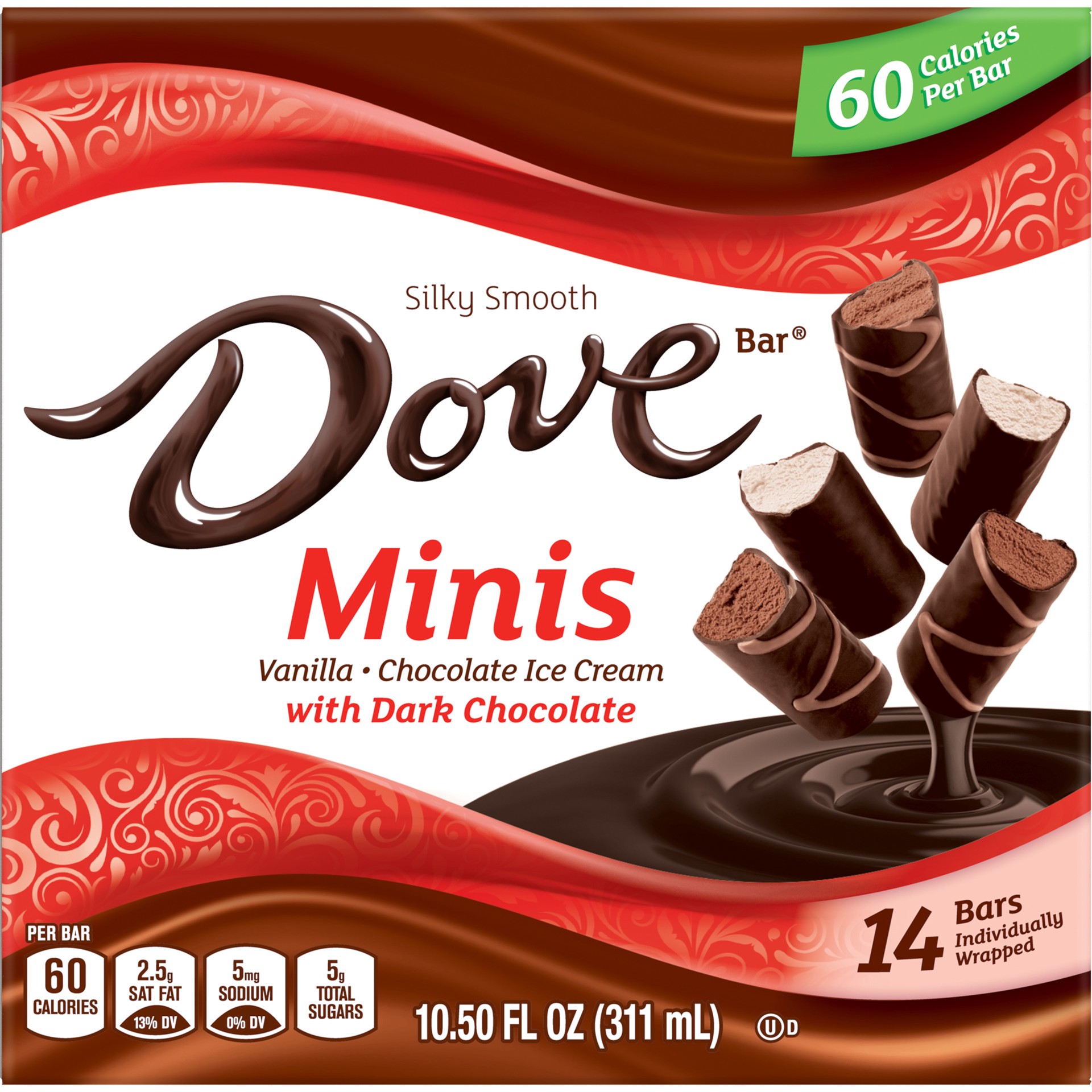 slide 1 of 4, DOVE Dark Chocolate Coated Mini Vanilla & Chocolate Ice Cream Bar Assortment, 14 Ct Box, 10.50 fl oz