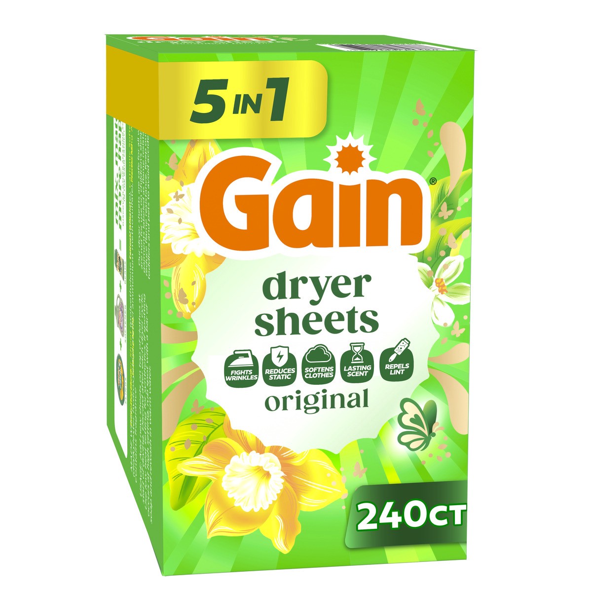 slide 1 of 12, Gain dryer sheets Plus Wrinkle Release, Original Scent, 240 Count, Fights static with a touch of scent, laundry sheets, 240 ct