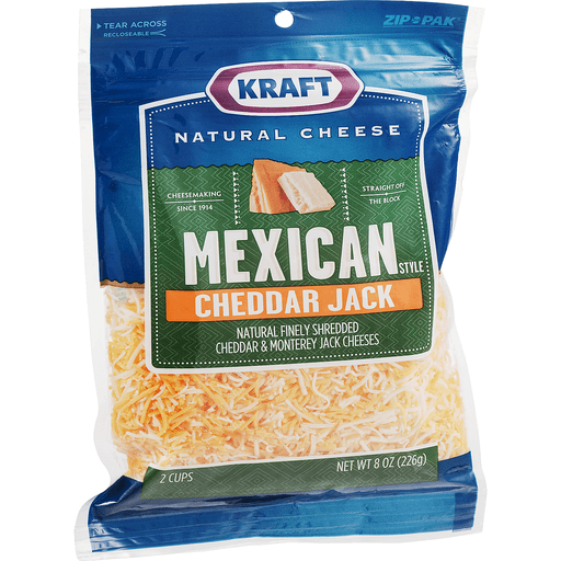 slide 1 of 1, Kraft Natural Cheese Mexican Style Cheddar Jack Finely Shredded Shredded Cheese, 8 oz
