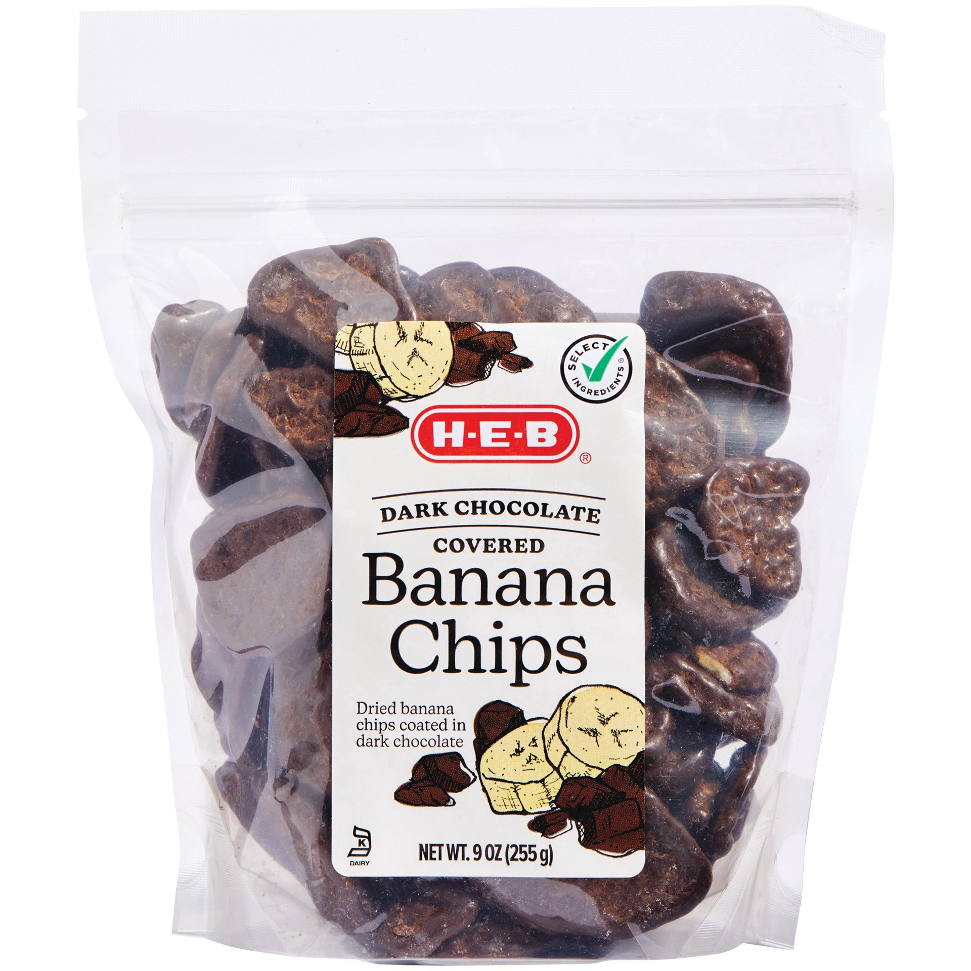 slide 1 of 1, H-E-B Dark Chocolate-Covered Banana Chips, 9 oz