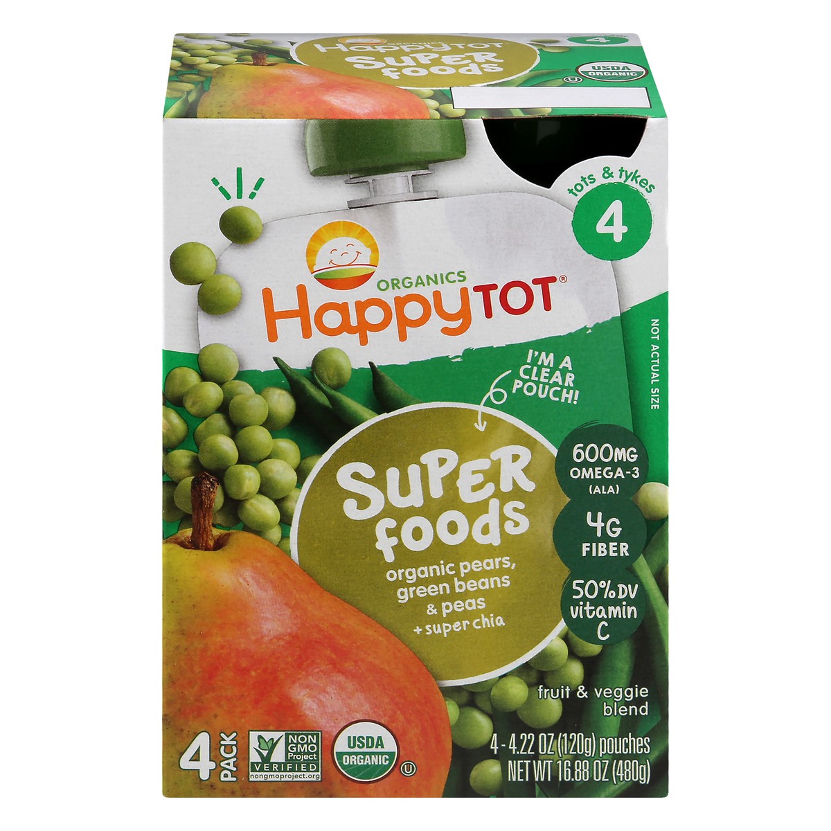 slide 1 of 12, Happy Tot Organics Super Foods 4 (Tots & Tykes) 4 Pack Organic Pears, Green Beans & Peas Fruit & Veggie Blend 4 ea, 4 ct