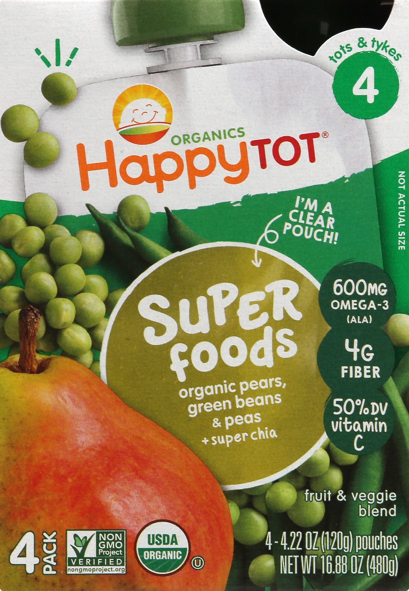 slide 1 of 12, Happy Tot Organics Super Foods 4 (Tots & Tykes) 4 Pack Organic Pears, Green Beans & Peas Fruit & Veggie Blend 4 ea, 4 ct