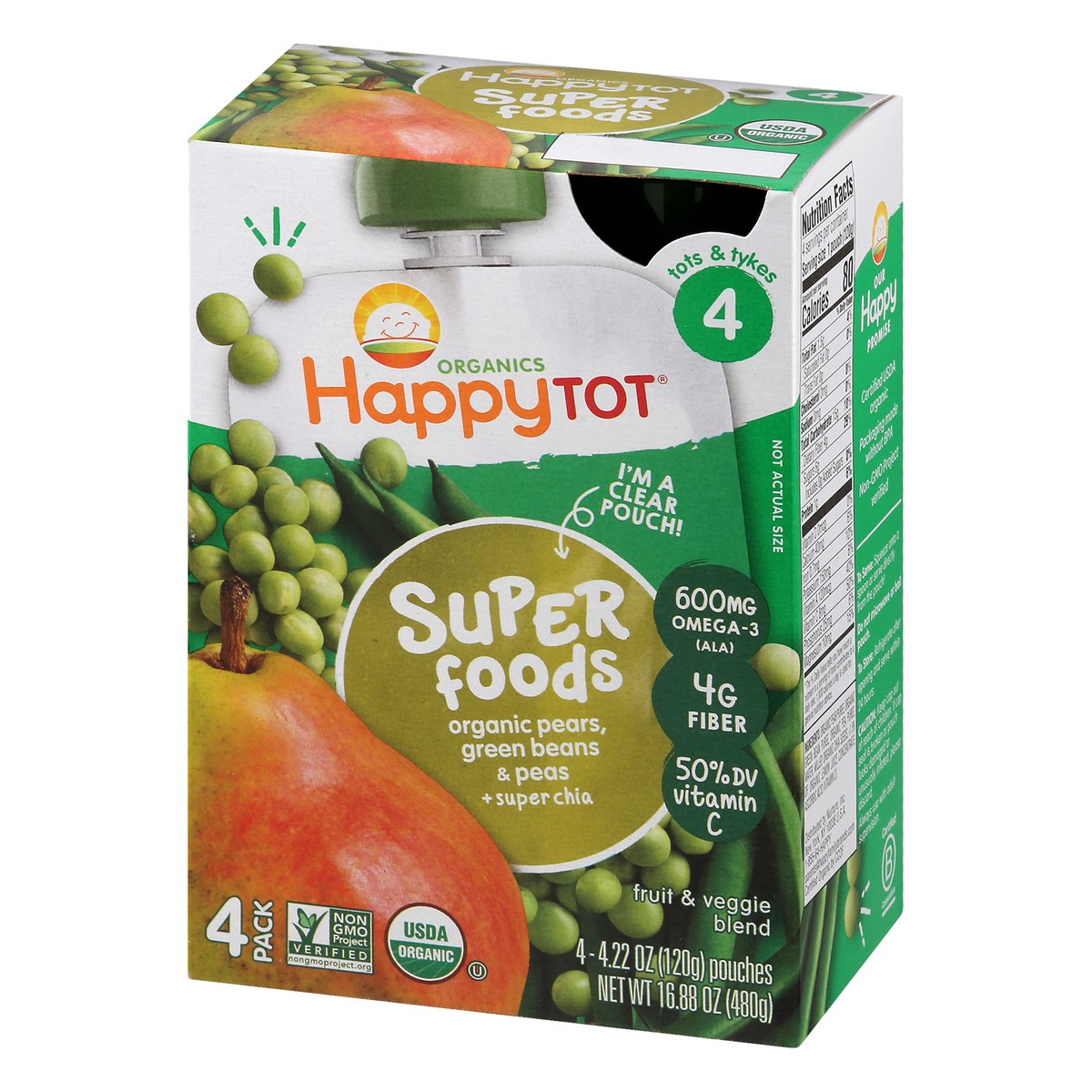 slide 8 of 12, Happy Tot Organics Super Foods 4 (Tots & Tykes) 4 Pack Organic Pears, Green Beans & Peas Fruit & Veggie Blend 4 ea, 4 ct