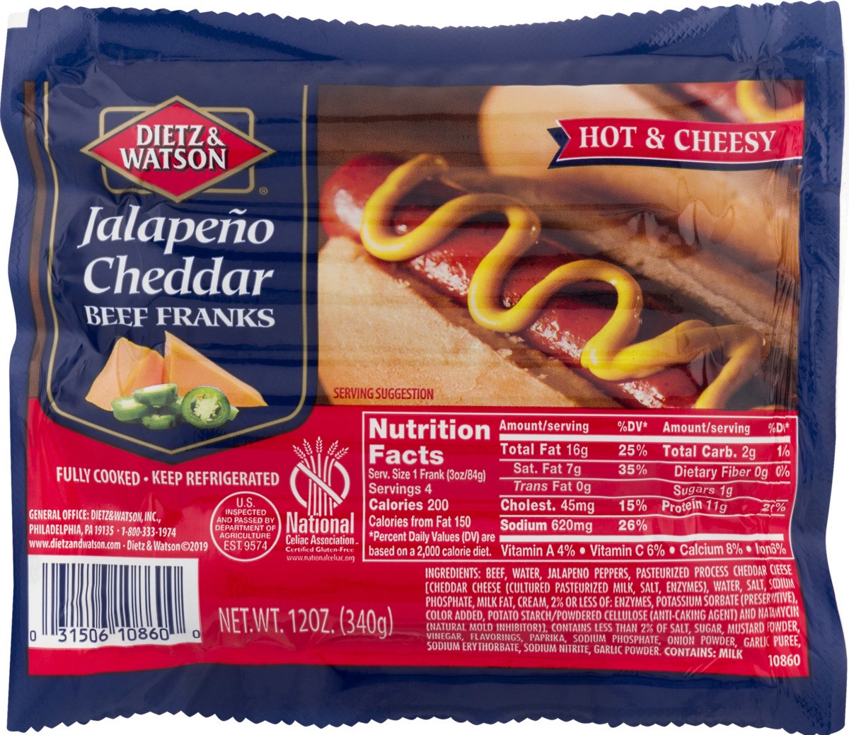 slide 10 of 11, Dietz & Watson Dietz Watson Jalapeno Cheddar Beef Franks, 12 oz