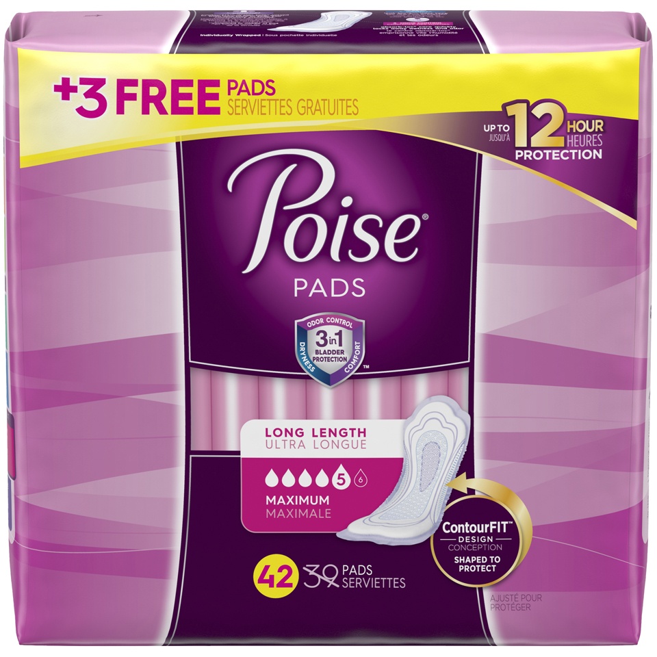 slide 1 of 3, Poise Incontinence Pads, Maximum Absorbency, Long, 42 Count (2 Cases), 1 ct