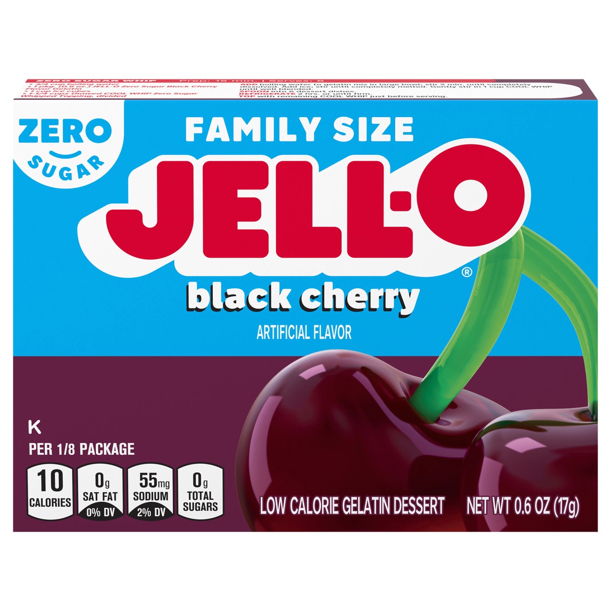 slide 1 of 5, Jell-O Black Cherry Artificially Flavored Zero Sugar Gelatin Dessert Mix, Family Size, 0.6 oz Box, 0.6 oz
