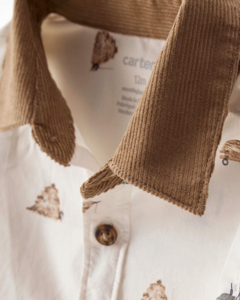 slide 2 of 3, Baby Boy Tractor Print Cotton Long-Sleeve Button Down Shirt - White White 24M, 1 ct