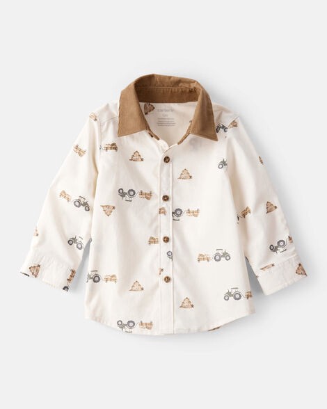 slide 1 of 3, Baby Boy Tractor Print Cotton Long-Sleeve Button Down Shirt - White White 24M, 1 ct