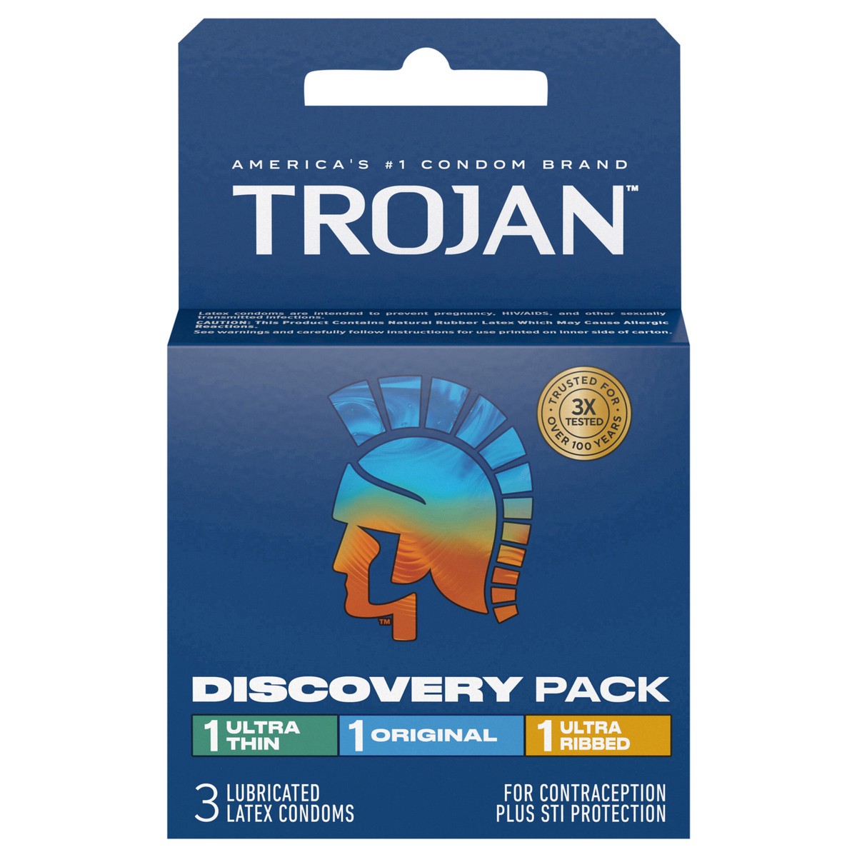 slide 3 of 4, Trojan Discovery Pack, Assorted Latex Lubricated Condoms for Men, Original, Ultra Thin & Ultra Ribbed Varieties, 3 Count, 3 ct