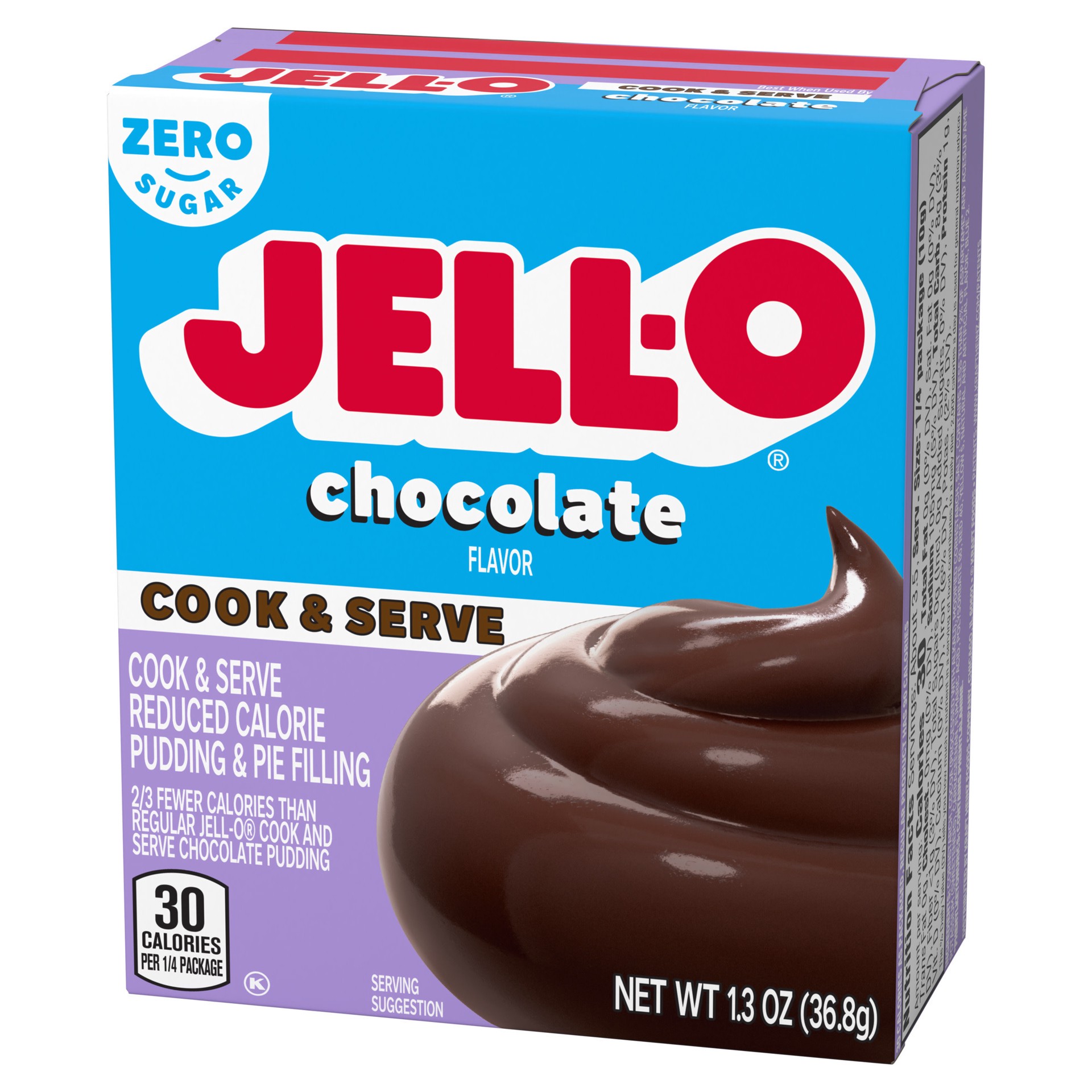 slide 2 of 5, Jell-O Chocolate Flavor Zero Sugar Cook & Serve Reduced Calorie Pudding & Pie Filling Mix, 1.3 oz Box, 1.3 oz