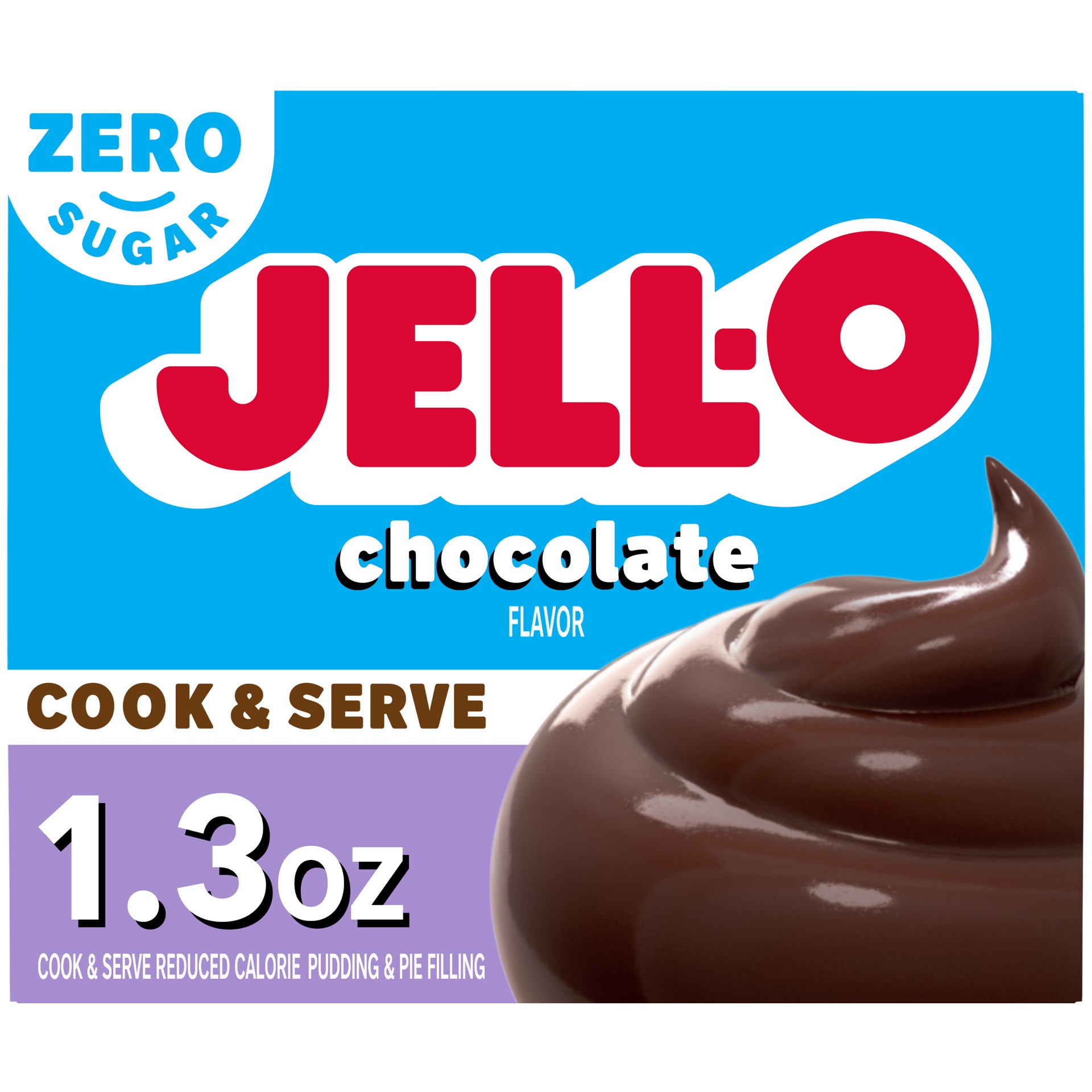 slide 1 of 5, Jell-O Chocolate Flavor Zero Sugar Cook & Serve Reduced Calorie Pudding & Pie Filling Mix, 1.3 oz Box, 1.3 oz