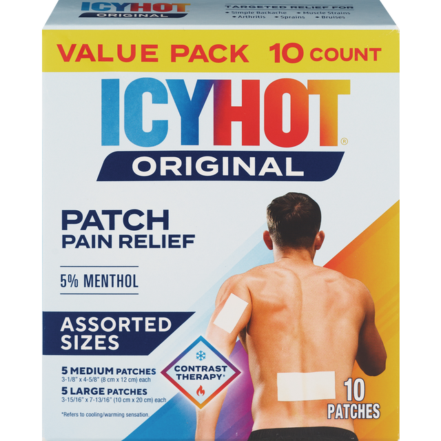 slide 1 of 1, Icy Hot Original Pain Relief Patch Variety Pack with 5% Cooling Menthol for Fast-Acting Muscle and Joint Pain Relief, 5 Medium and 5 Large Comfortable Fabric Patches, 10 Ct., 10 ct