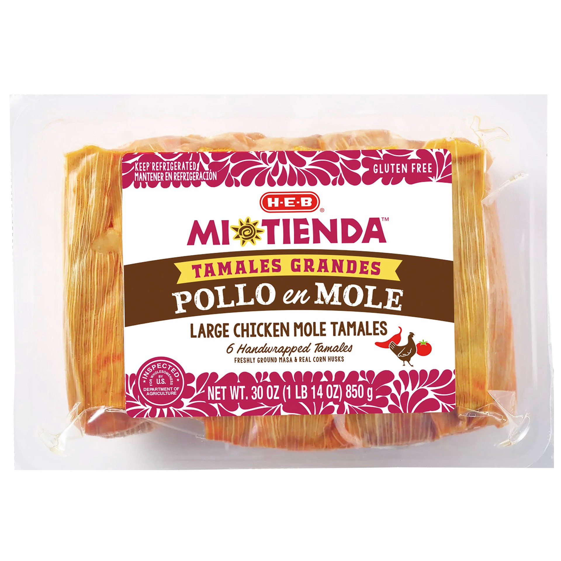 slide 1 of 1, H-E-B Mi Tienda Large Chicken Mole Tamales Grandes Pollo en Mole, 6 ct