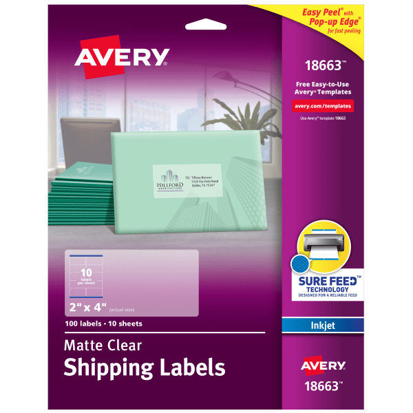 slide 1 of 8, Avery 18663 Clear Easy Peel Inkjet Shipping Labels, 100 ct; 2 in x 4 in