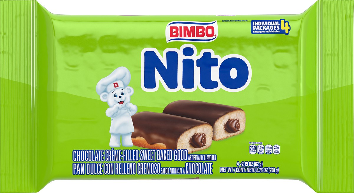 slide 8 of 14, Bimbo Nito Chocolate Crème Filled Sweet Baked Good, 4 packs, Soft Eclairs, 8.76 oz Multipack, 8.74 oz