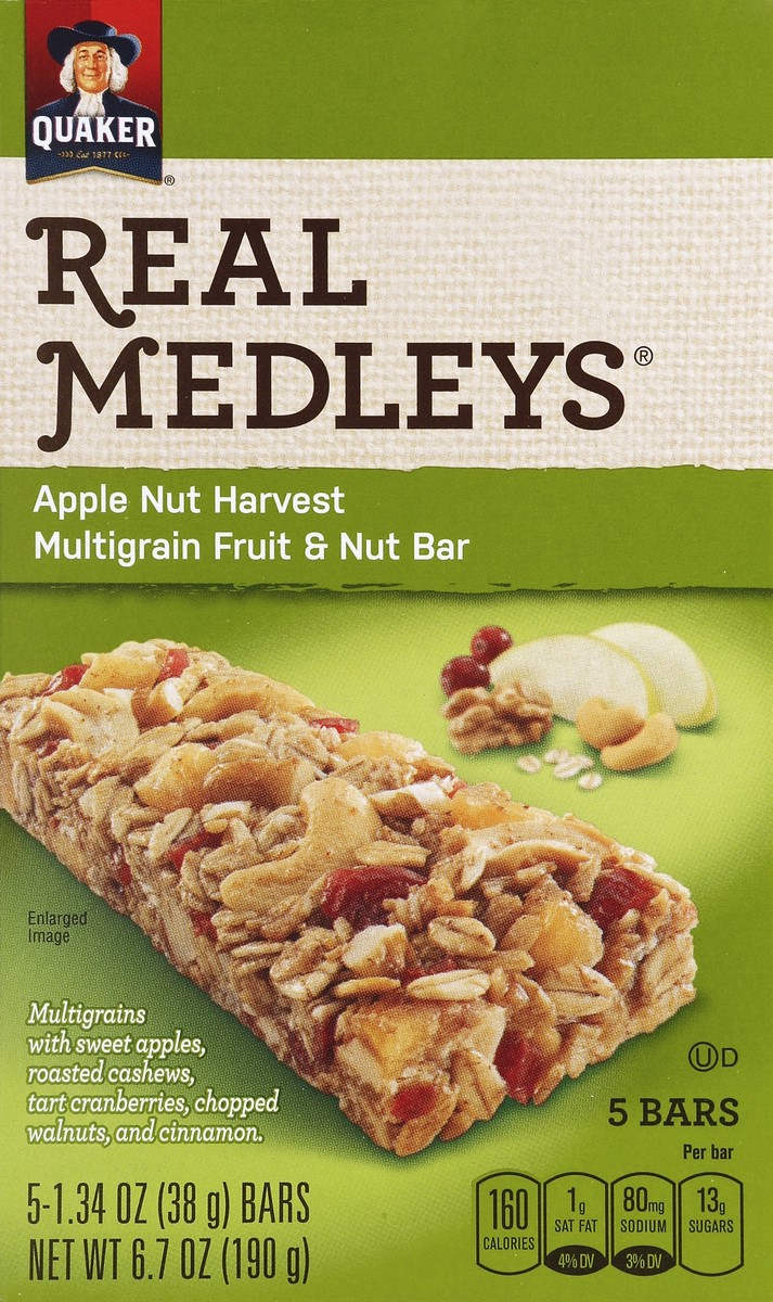 slide 4 of 4, Quaker Real Medleys Apple Nut Harvest Multigrain Fruit & Nut Bar, 5 ct; 1.34 oz