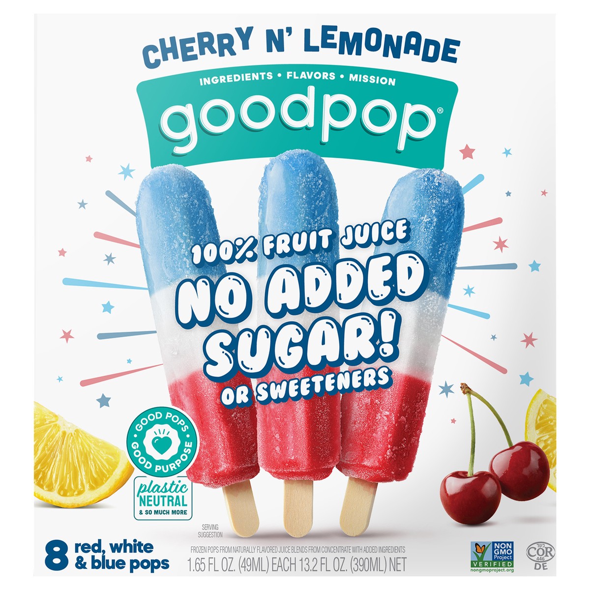 slide 1 of 9, GoodPop Cherry n' Lemonade Red, White and Blue, No Added Sugar Ice Pops, 8 Ct, 8 ct
