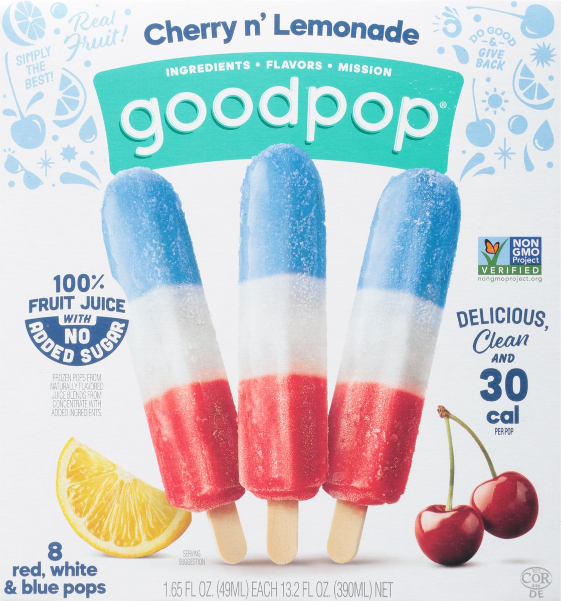 slide 3 of 9, GoodPop Cherry n' Lemonade Red, White and Blue, No Added Sugar Ice Pops, 8 Ct, 8 ct