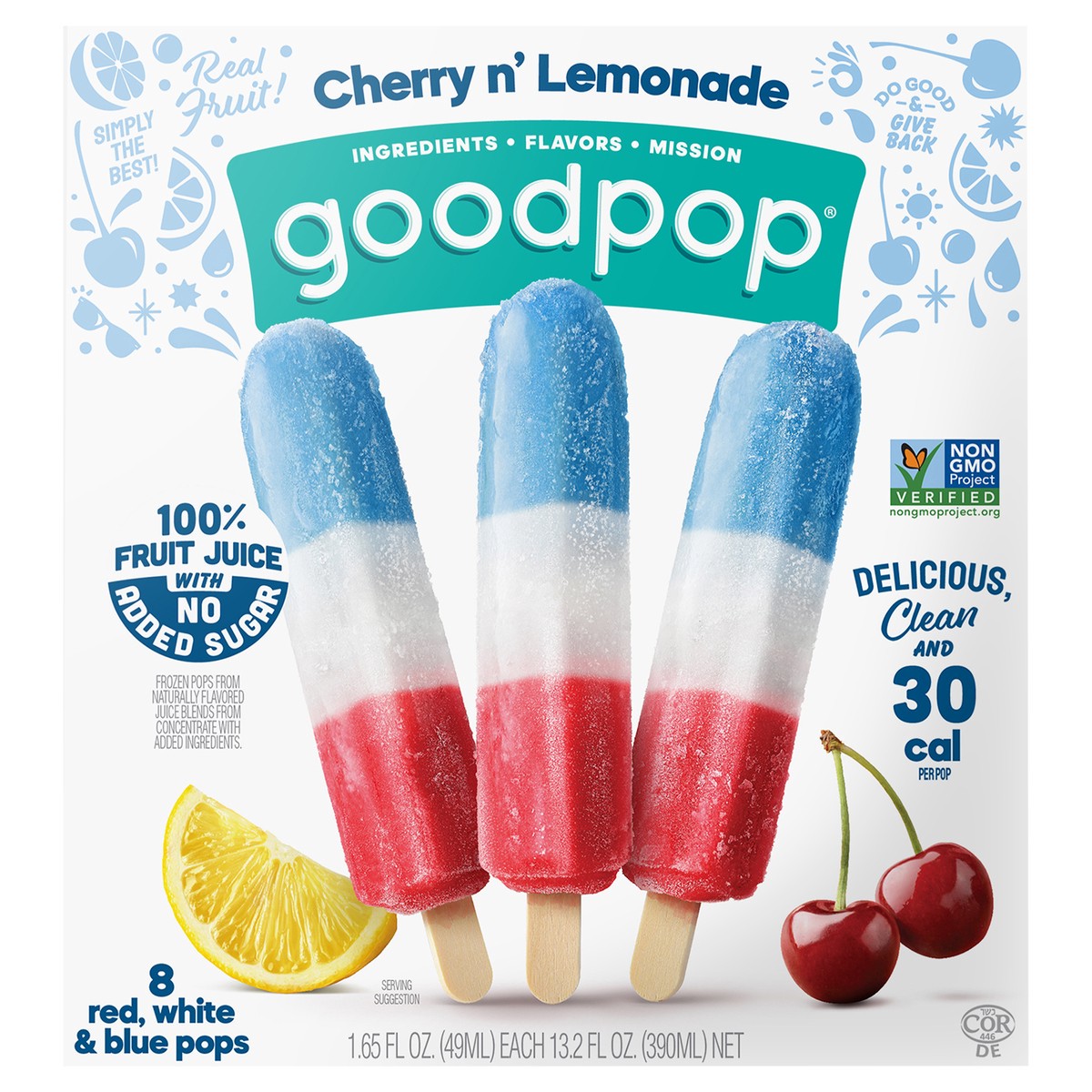 slide 1 of 9, GoodPop Cherry n' Lemonade Red, White and Blue, No Added Sugar Ice Pops, 8 Ct, 8 ct