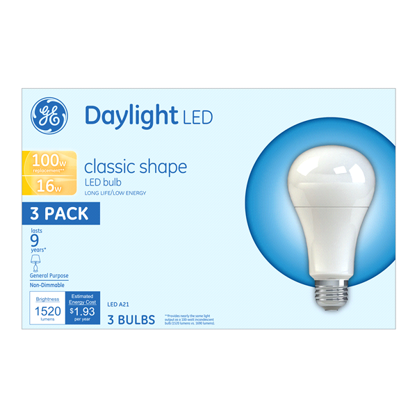 slide 1 of 1, GE LED 16-Watt (100-Watt) Daylight Classic Shape General Purpose Light Bulb, 3 ct