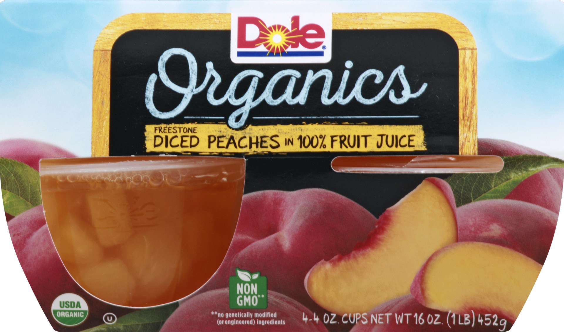 slide 1 of 1, Dole Organics Freestone Diced Peaches In 100% Fruit Juice, 4 ct; 4 oz