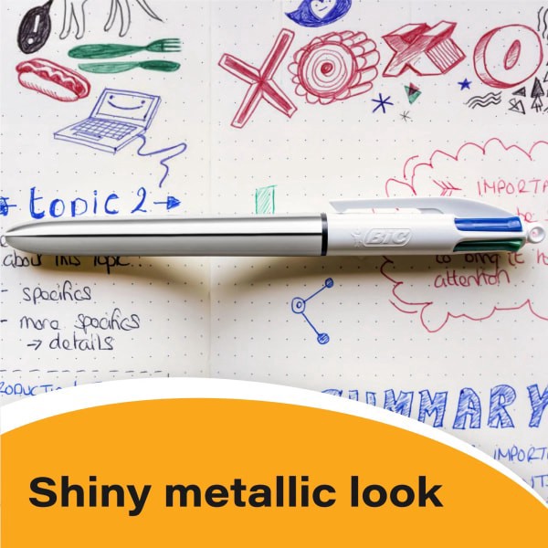 slide 4 of 5, Bic 4-Color Shine Retractable Ballpoint Pens, Medium Point, 1.0 Mm, Assorted Metallic Barrels, Assorted Ink Colors, Pack Of 3 Pens, 3 ct