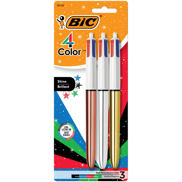 slide 1 of 5, Bic 4-Color Shine Retractable Ballpoint Pens, Medium Point, 1.0 Mm, Assorted Metallic Barrels, Assorted Ink Colors, Pack Of 3 Pens, 3 ct