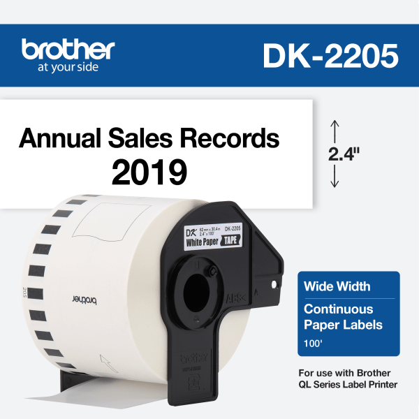 slide 5 of 7, Brother DK-2205 Continuous-Feed Paper Roll Permanent Address Labels, Black On White, 2 7/16"" x 100', 100 ft