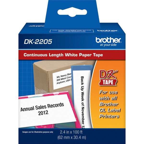slide 2 of 7, Brother DK-2205 Continuous-Feed Paper Roll Permanent Address Labels, Black On White, 2 7/16"" x 100', 100 ft