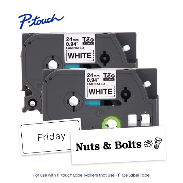 slide 4 of 8, Brother P-touch TZe2512PK, Laminated, ~1"" x 26.2 ft (24mm x 8m), Black on White Label Tape, 26.2 ft