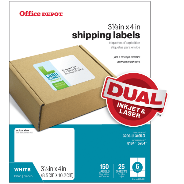 slide 1 of 1, Office Depot Brand White Inkjet/Laser Shipping Labels, 505-O004-0009, 3 1/3'' X 4'', Pack Of 150, 150 ct