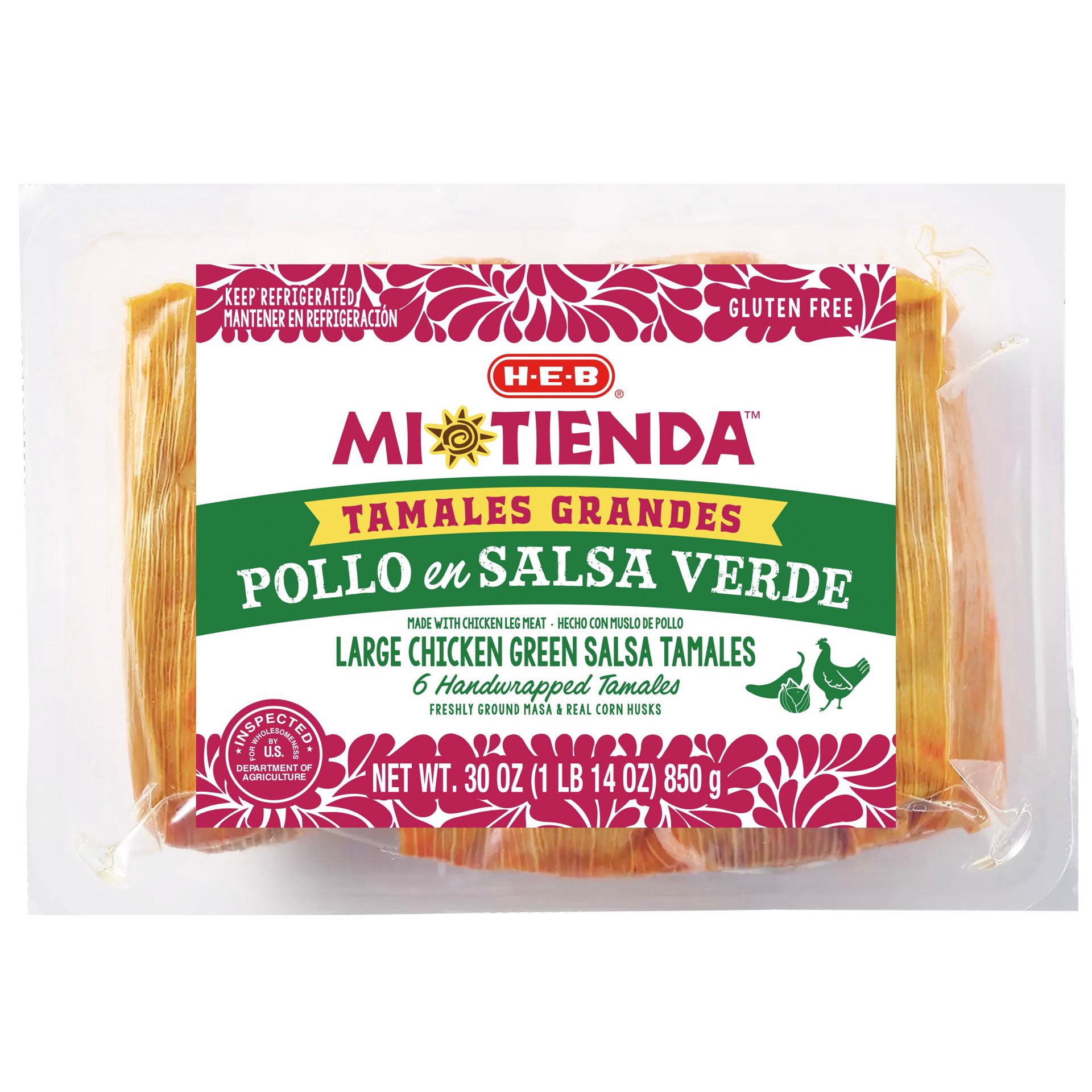 slide 1 of 1, H-E-B Mi Tienda Large Chicken Green Salsa Tamales Grandes Pollo con Salsa Verde, 6 ct