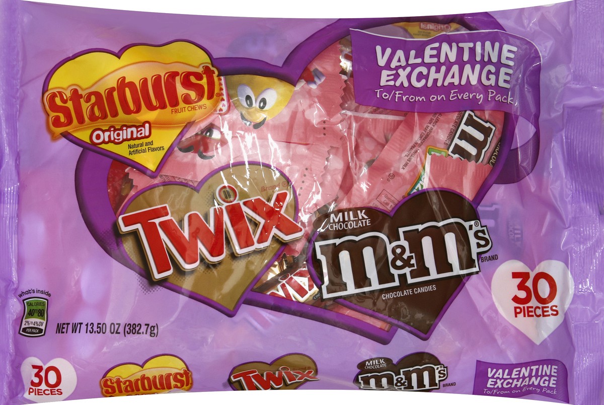 slide 4 of 6, Mixed M&M'S, STARBURST & TWIX Valentine Exchange Fun Size Candy Variety Mix, 13.5-Ounce 30-Count, 13.5 oz
