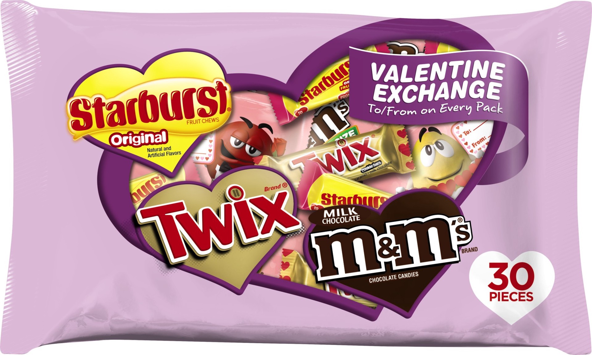 slide 1 of 6, Mixed M&M'S, STARBURST & TWIX Valentine Exchange Fun Size Candy Variety Mix, 13.5-Ounce 30-Count, 13.5 oz